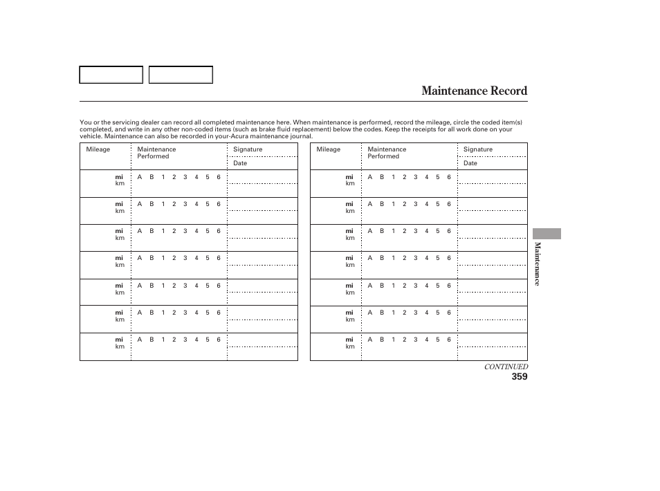 Maintenance record | Acura 2006 RL - Owner's Manual User Manual | Page 360 / 454