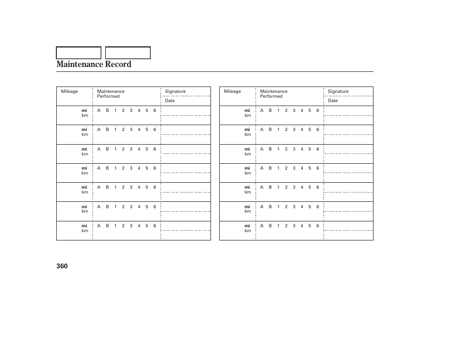 Maintenance record | Acura 2006 RL - Owner's Manual User Manual | Page 361 / 454