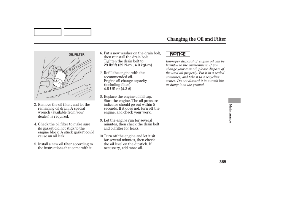 Changing the oil and filter | Acura 2006 RL - Owner's Manual User Manual | Page 366 / 454