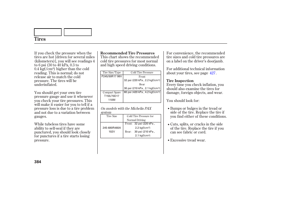 Tires | Acura 2006 RL - Owner's Manual User Manual | Page 385 / 454