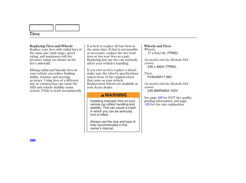 Tires | Acura 2006 RL - Owner's Manual User Manual | Page 387 / 454