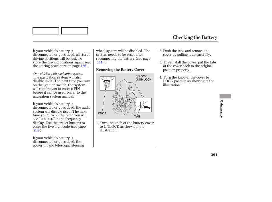 Checking the battery | Acura 2006 RL - Owner's Manual User Manual | Page 392 / 454