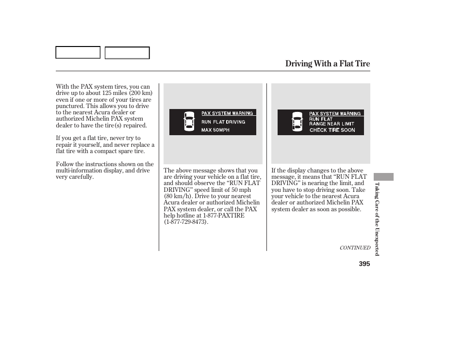 Driving with a flat tire | Acura 2006 RL - Owner's Manual User Manual | Page 396 / 454