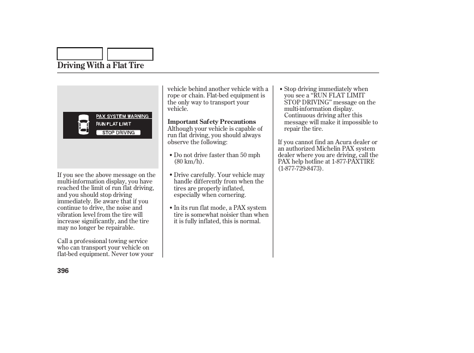 Driving with a flat tire | Acura 2006 RL - Owner's Manual User Manual | Page 397 / 454
