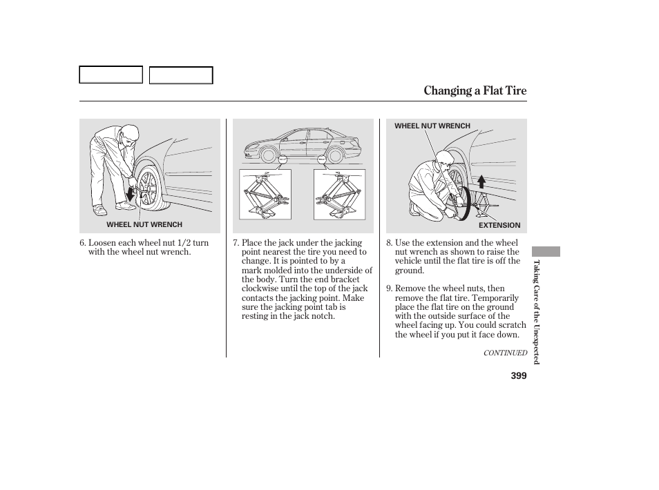 Changing a flat tire | Acura 2006 RL - Owner's Manual User Manual | Page 400 / 454