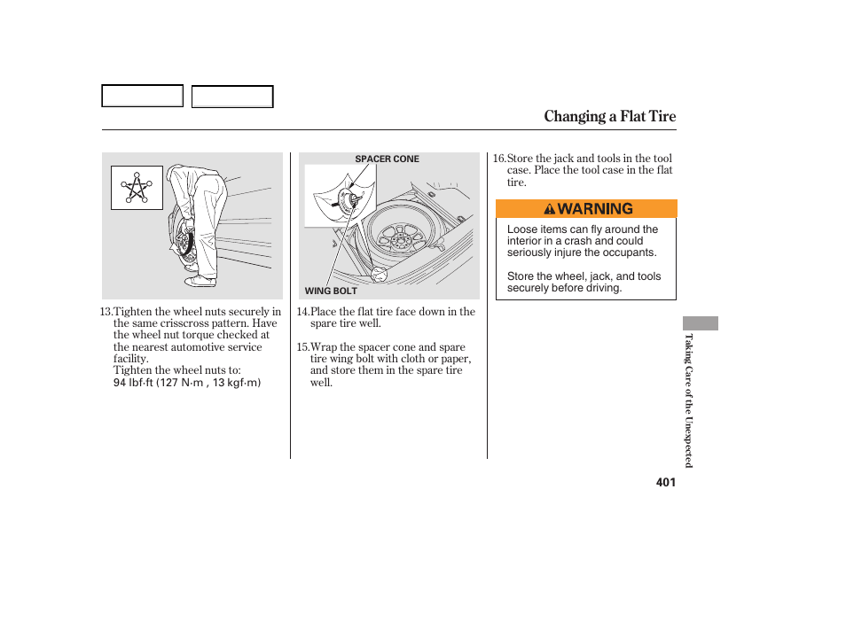 Changing a flat tire | Acura 2006 RL - Owner's Manual User Manual | Page 402 / 454