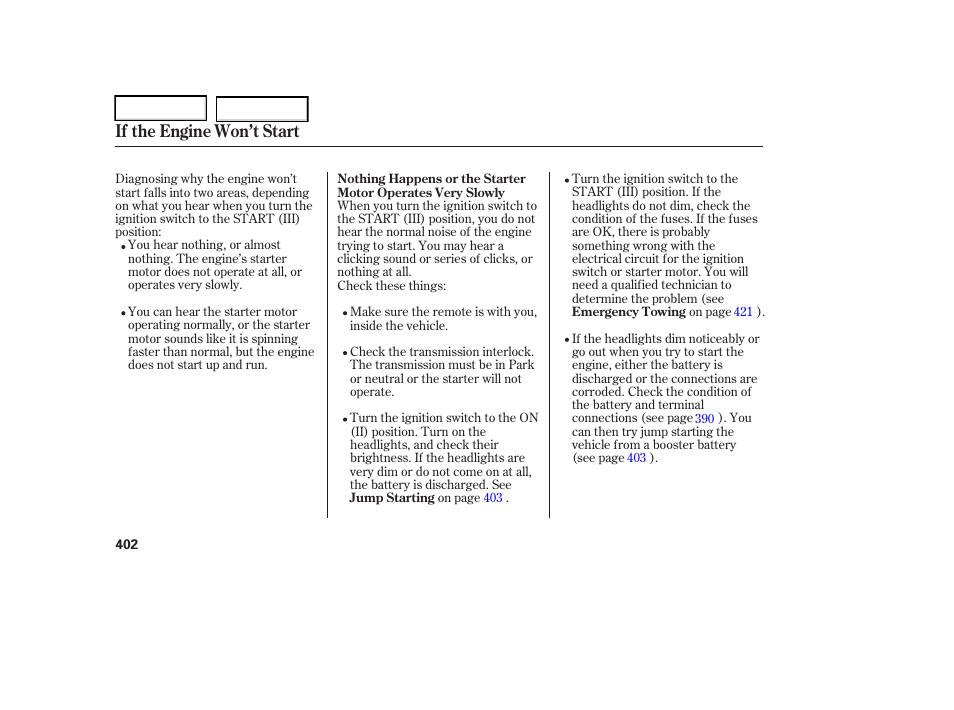 If the engine won’t start | Acura 2006 RL - Owner's Manual User Manual | Page 403 / 454