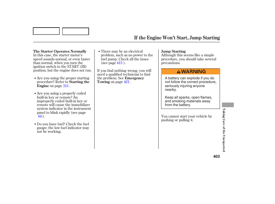 If the engine won’t start, jump starting | Acura 2006 RL - Owner's Manual User Manual | Page 404 / 454