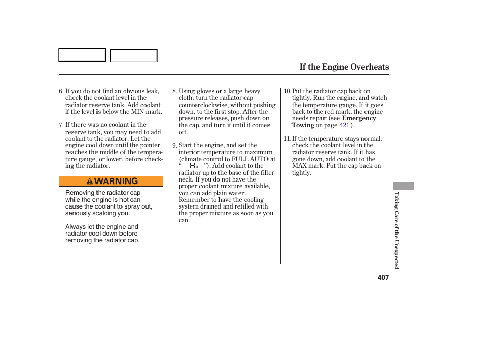 If the engine overheats | Acura 2006 RL - Owner's Manual User Manual | Page 408 / 454