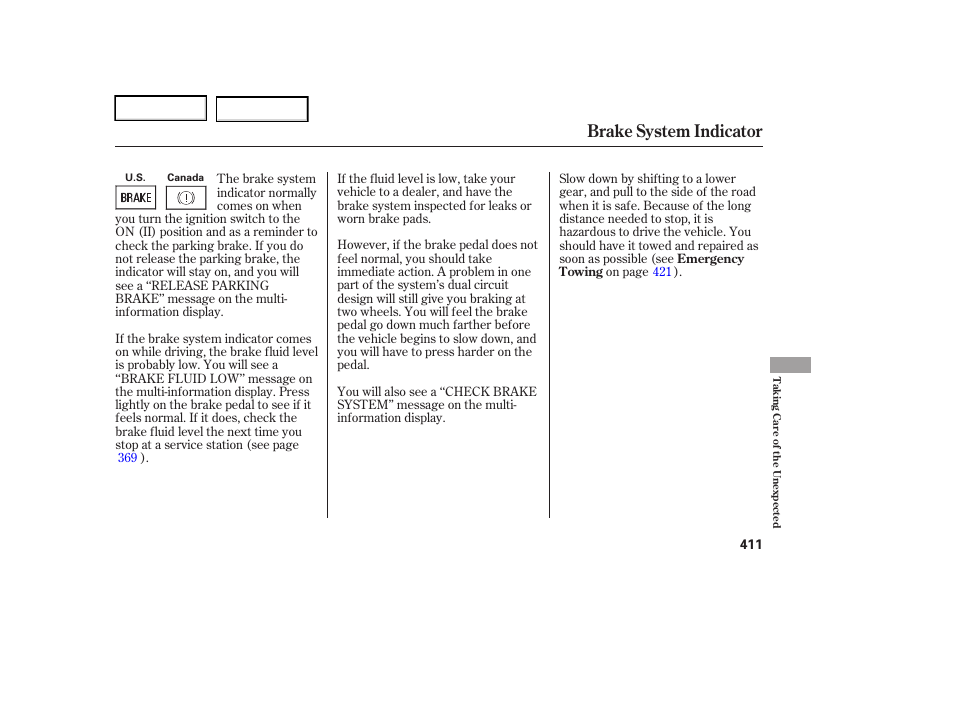 Brake system indicator | Acura 2006 RL - Owner's Manual User Manual | Page 412 / 454