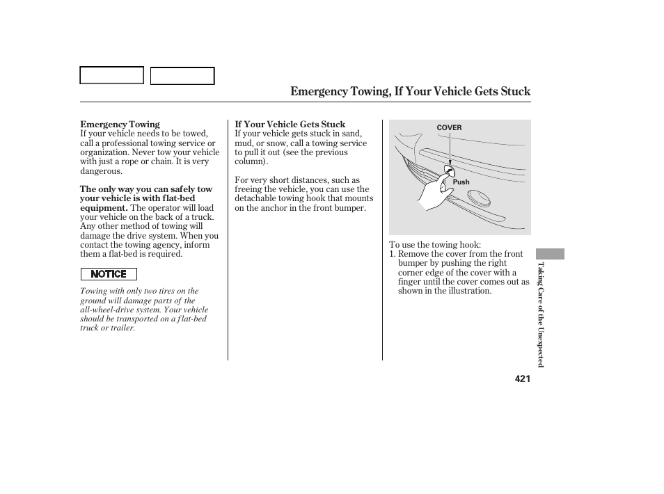 Emergency towing, if your vehicle gets stuck | Acura 2006 RL - Owner's Manual User Manual | Page 422 / 454