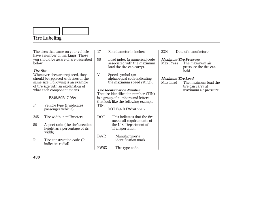 Tire labeling | Acura 2006 RL - Owner's Manual User Manual | Page 431 / 454