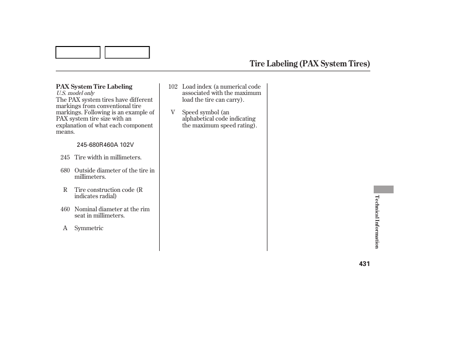 Tire labeling (pax system tires) | Acura 2006 RL - Owner's Manual User Manual | Page 432 / 454