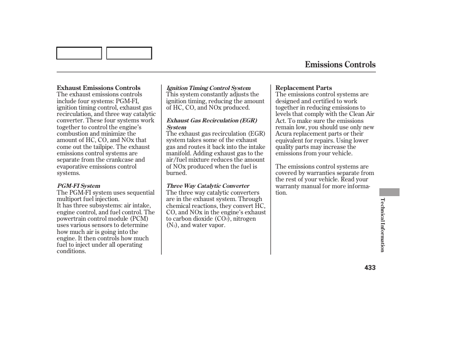 Emissions controls | Acura 2006 RL - Owner's Manual User Manual | Page 434 / 454