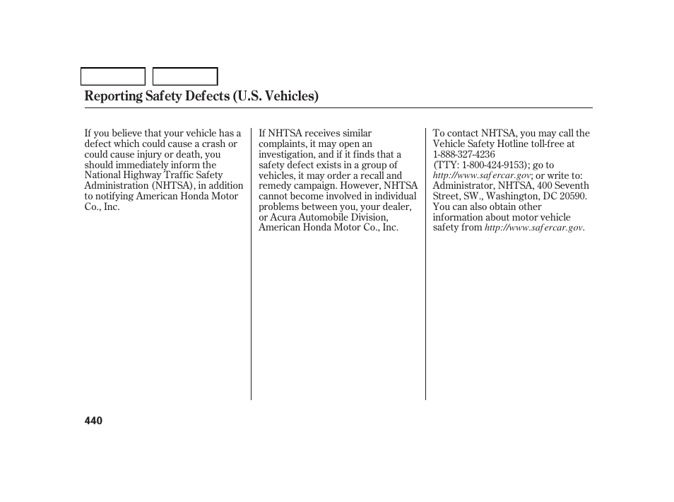 Reporting safety defects (u.s. vehicles) | Acura 2006 RL - Owner's Manual User Manual | Page 441 / 454