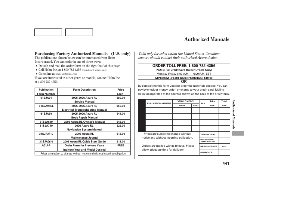 Authorized manuals | Acura 2006 RL - Owner's Manual User Manual | Page 442 / 454