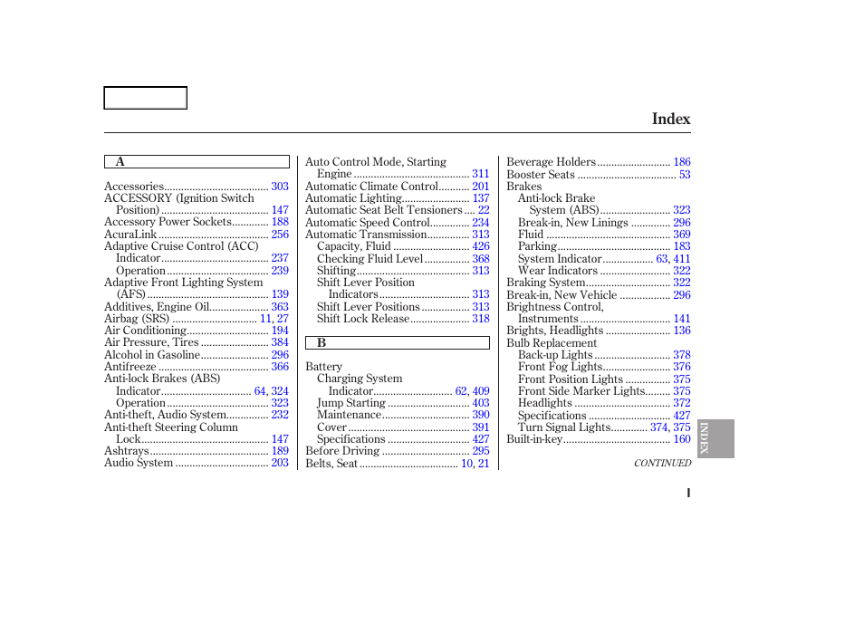 Index | Acura 2006 RL - Owner's Manual User Manual | Page 444 / 454