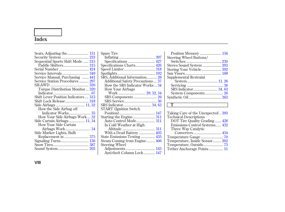 Index | Acura 2006 RL - Owner's Manual User Manual | Page 451 / 454