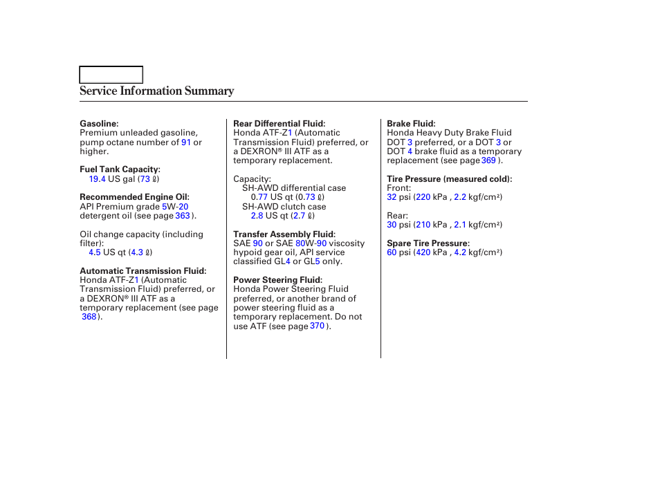 Service information summary | Acura 2006 RL - Owner's Manual User Manual | Page 454 / 454