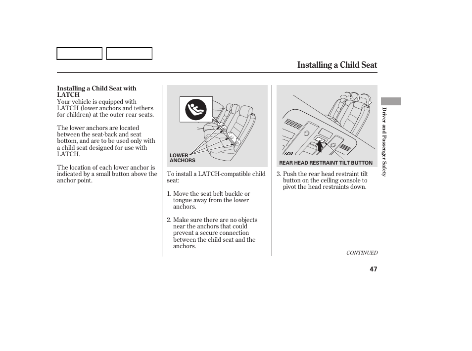 Installing a child seat | Acura 2006 RL - Owner's Manual User Manual | Page 48 / 454