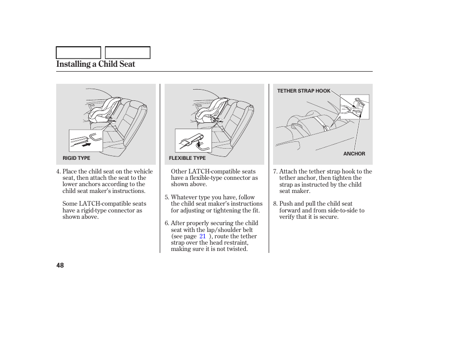 Installing a child seat | Acura 2006 RL - Owner's Manual User Manual | Page 49 / 454