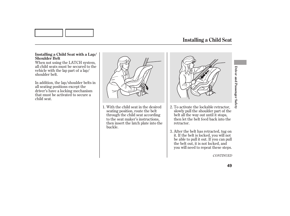 Installing a child seat | Acura 2006 RL - Owner's Manual User Manual | Page 50 / 454