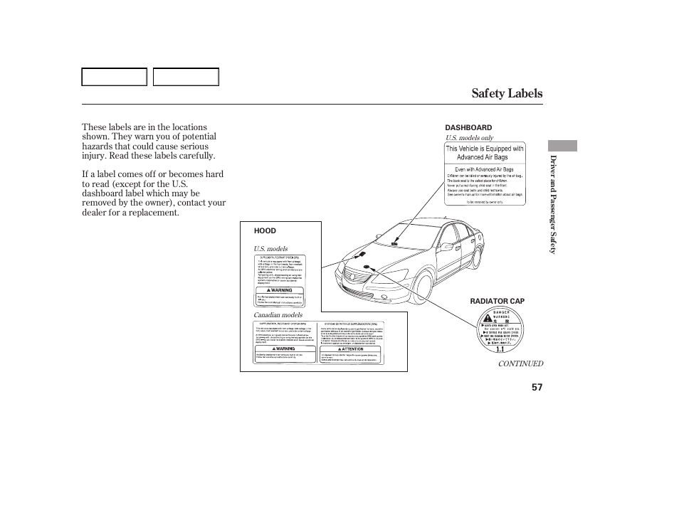 Safety labels | Acura 2006 RL - Owner's Manual User Manual | Page 58 / 454