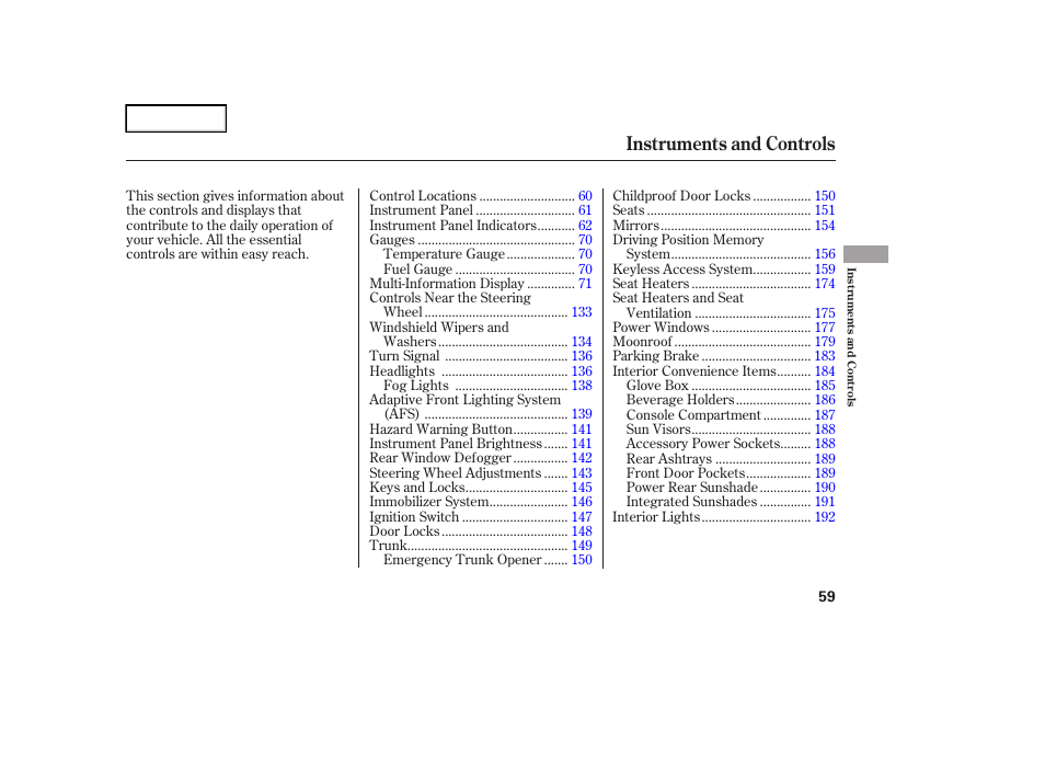 Instruments and controls | Acura 2006 RL - Owner's Manual User Manual | Page 60 / 454