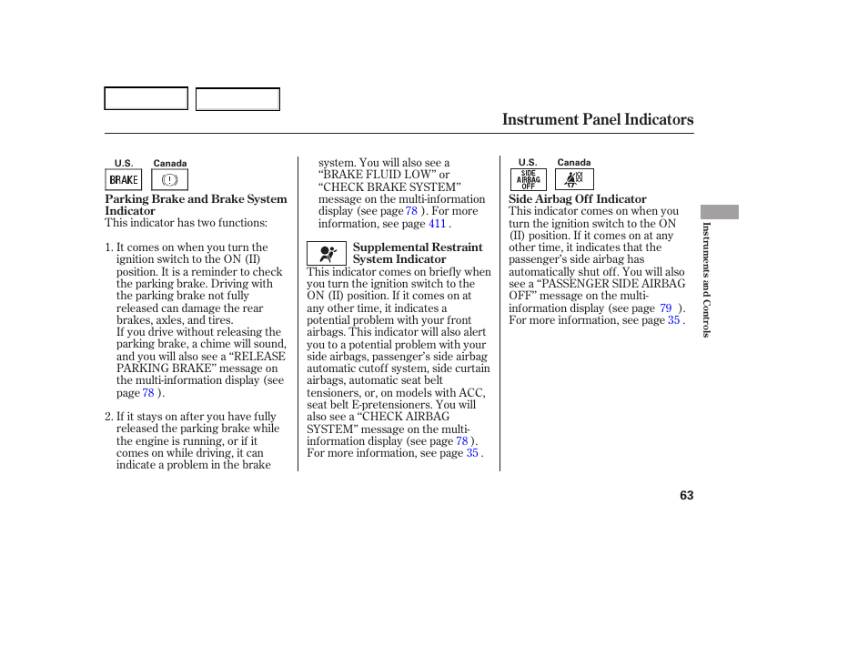 Instrument panel indicators | Acura 2006 RL - Owner's Manual User Manual | Page 64 / 454