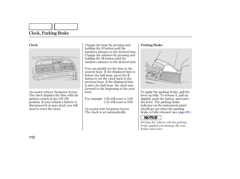 Clock, parking brake | Acura 2006 TL - Owner's Manual User Manual | Page 113 / 295