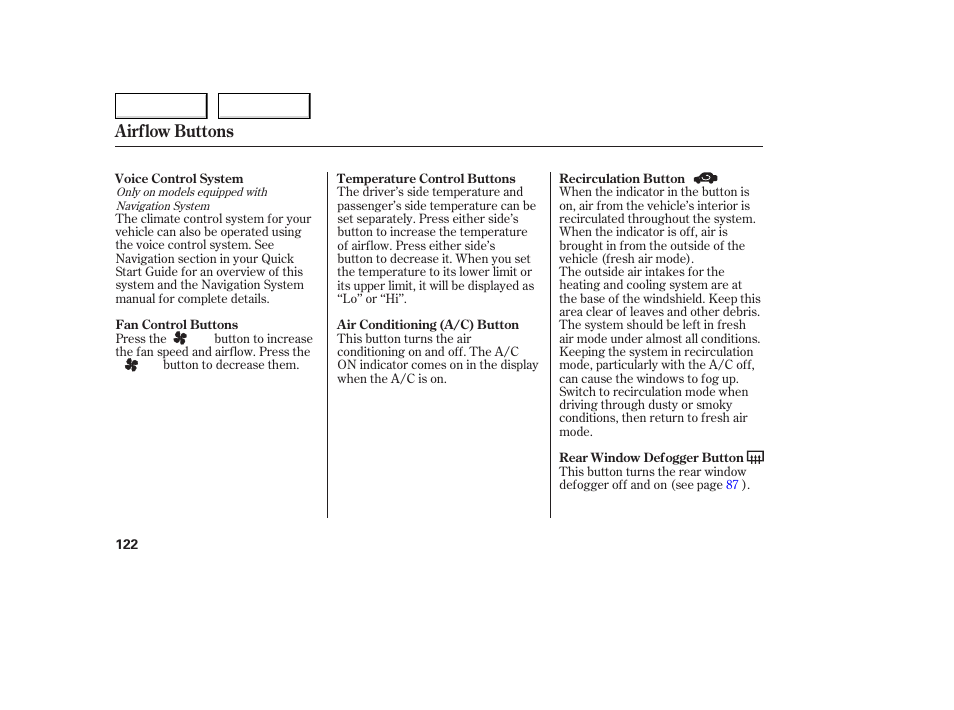 Airflow buttons | Acura 2006 TL - Owner's Manual User Manual | Page 123 / 295