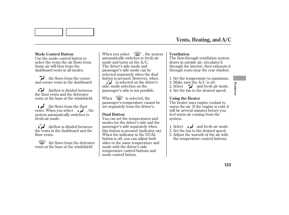 Vents, heating, and a/c | Acura 2006 TL - Owner's Manual User Manual | Page 124 / 295