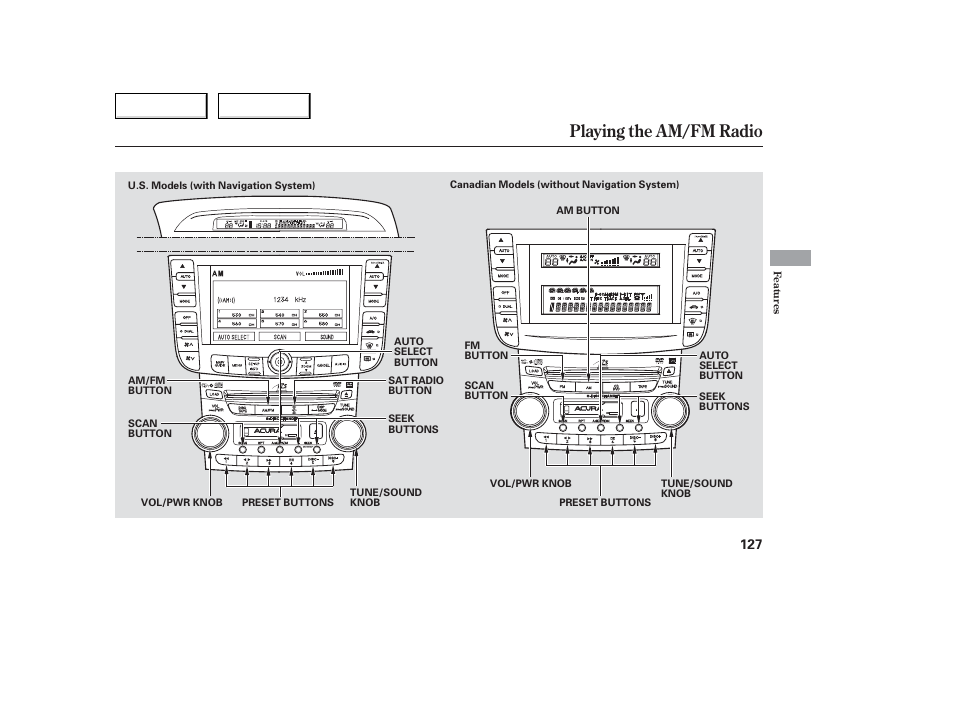 Playing the am/fm radio | Acura 2006 TL - Owner's Manual User Manual | Page 128 / 295