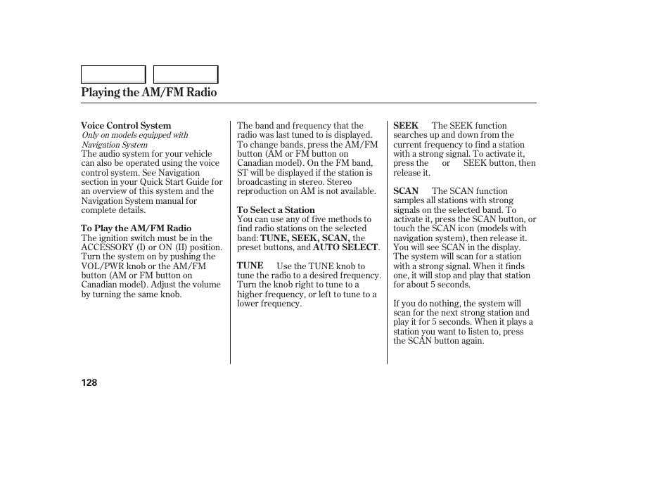 Playing the am/fm radio | Acura 2006 TL - Owner's Manual User Manual | Page 129 / 295