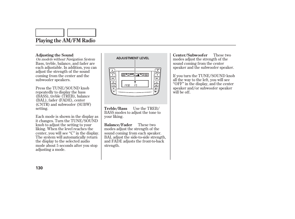 Playing the am/fm radio | Acura 2006 TL - Owner's Manual User Manual | Page 131 / 295