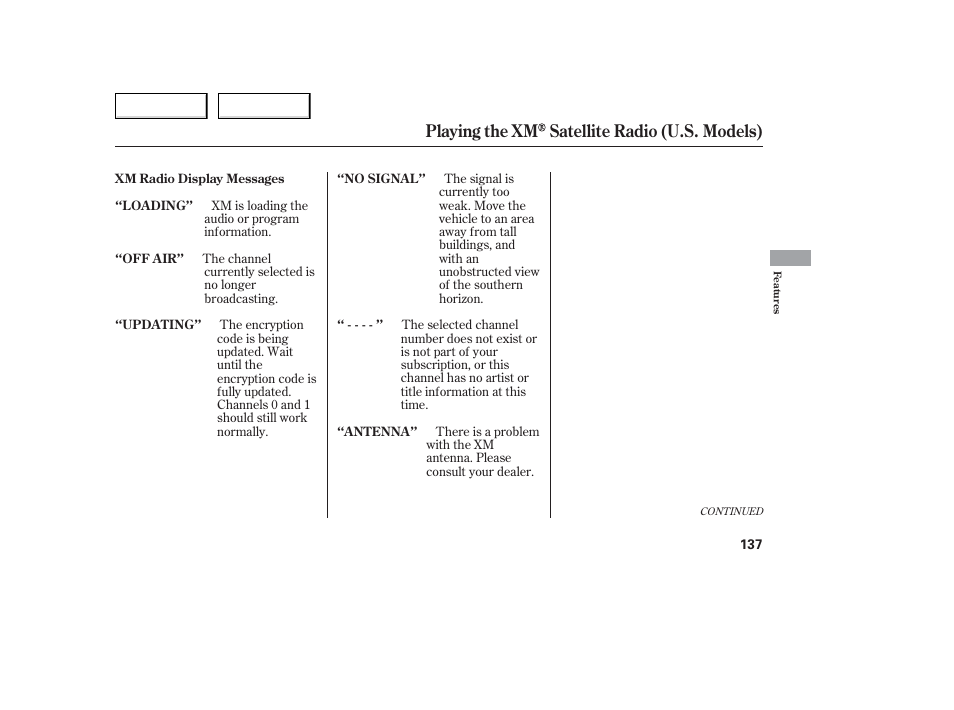 Playing the xm satellite radio (u.s. models) | Acura 2006 TL - Owner's Manual User Manual | Page 138 / 295