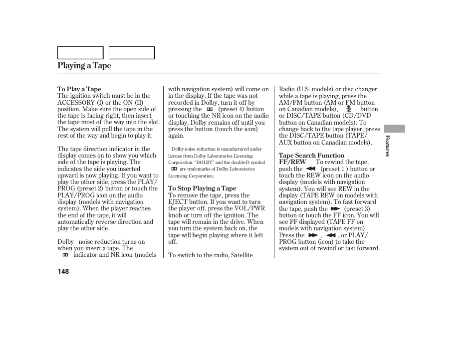 Playing a tape | Acura 2006 TL - Owner's Manual User Manual | Page 149 / 295