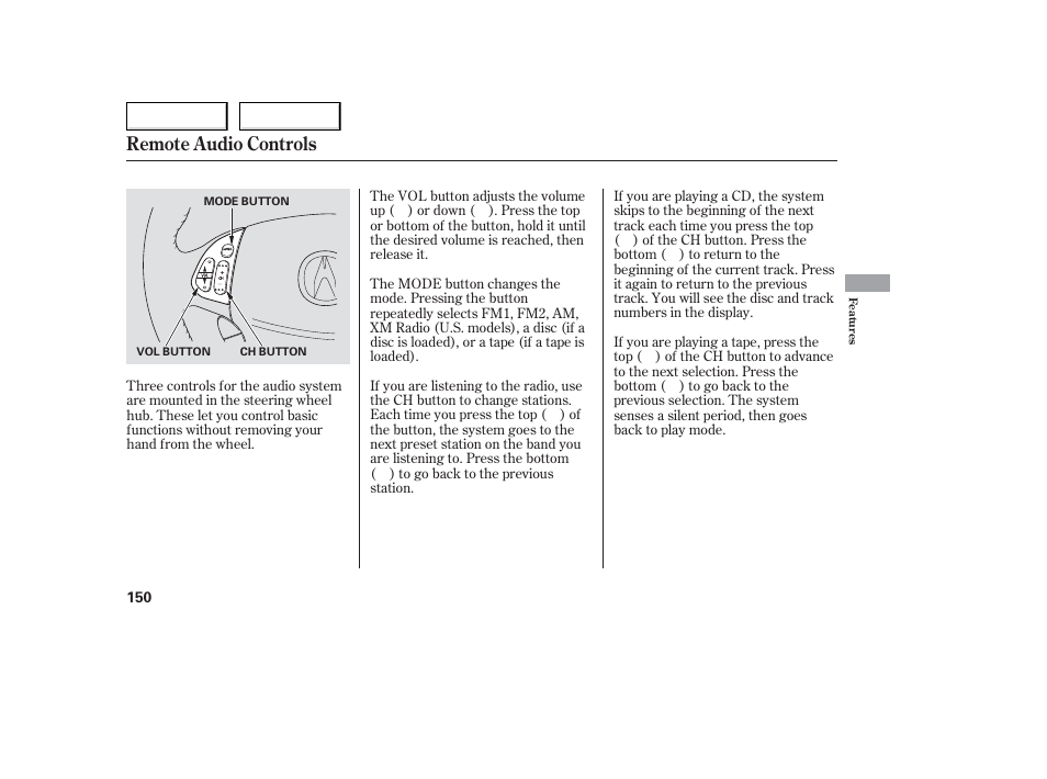 Remote audio controls | Acura 2006 TL - Owner's Manual User Manual | Page 151 / 295