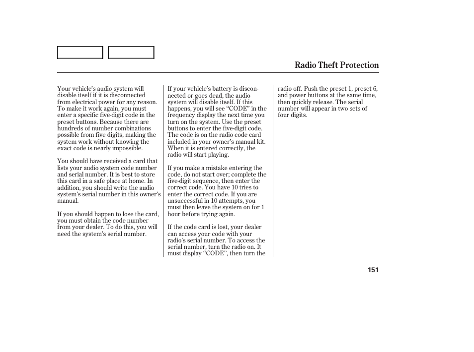 Radio theft protection | Acura 2006 TL - Owner's Manual User Manual | Page 152 / 295