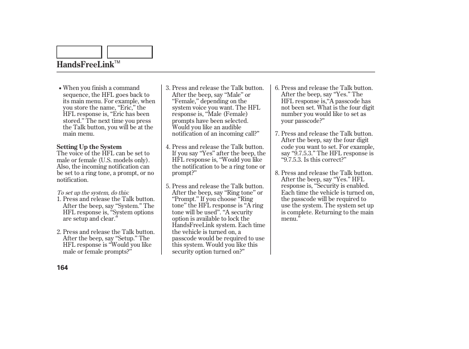 Handsfreelink | Acura 2006 TL - Owner's Manual User Manual | Page 165 / 295