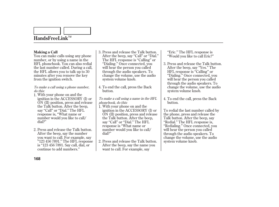 Handsfreelink | Acura 2006 TL - Owner's Manual User Manual | Page 169 / 295
