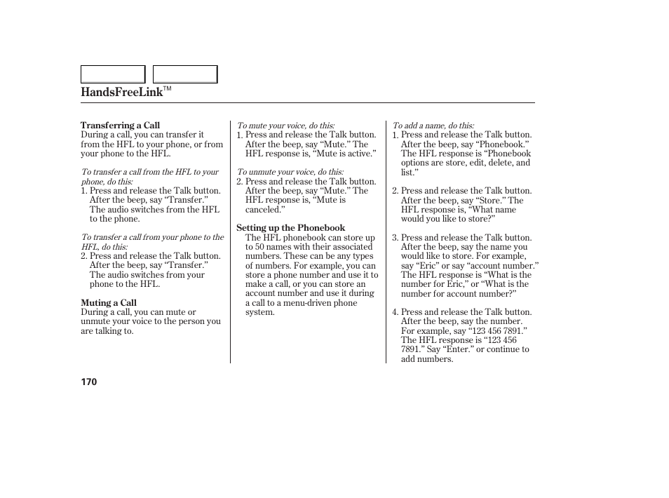 Handsfreelink | Acura 2006 TL - Owner's Manual User Manual | Page 171 / 295