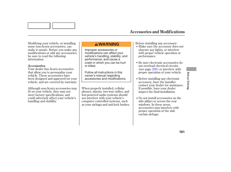 Accessories and modifications | Acura 2006 TL - Owner's Manual User Manual | Page 182 / 295