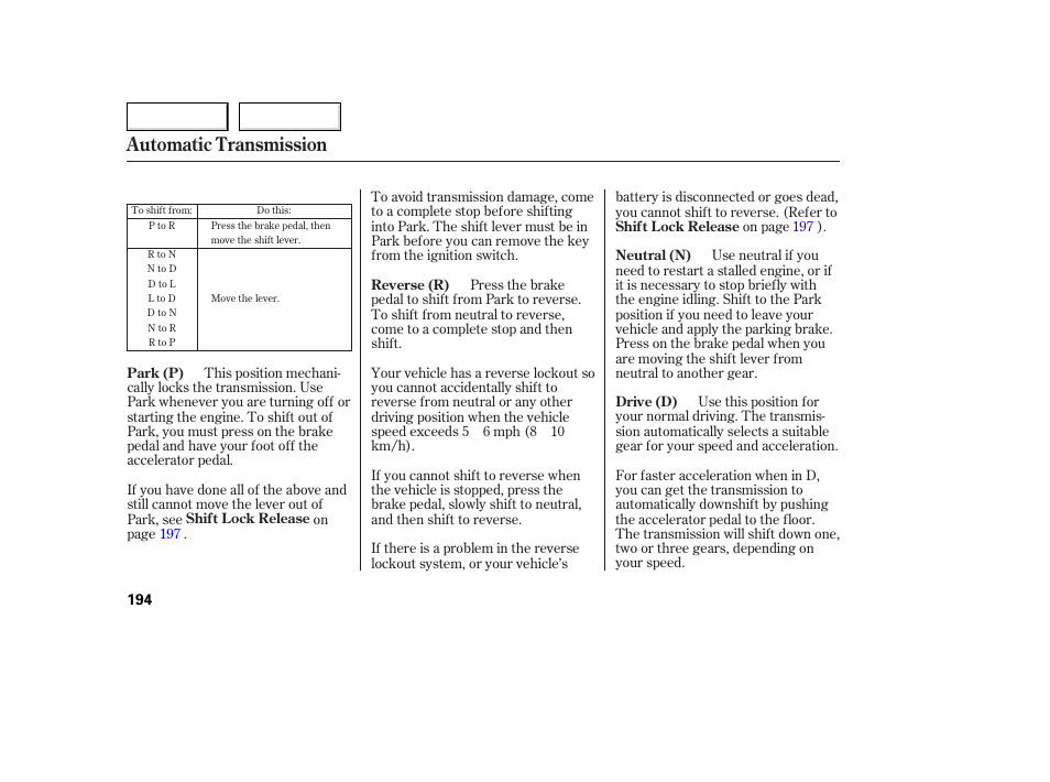 Automatic transmission | Acura 2006 TL - Owner's Manual User Manual | Page 195 / 295