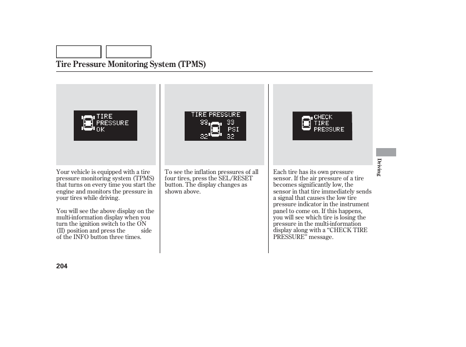 Tire pressure monitoring system (tpms) | Acura 2006 TL - Owner's Manual User Manual | Page 205 / 295