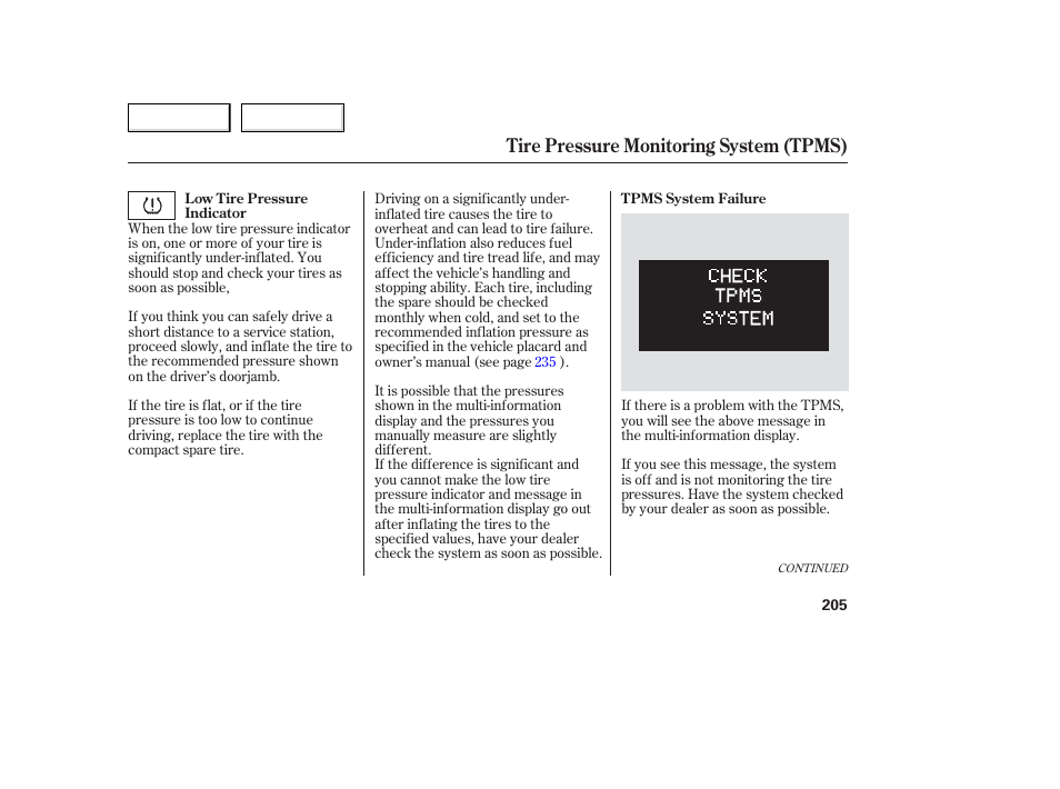 Tire pressure monitoring system (tpms) | Acura 2006 TL - Owner's Manual User Manual | Page 206 / 295