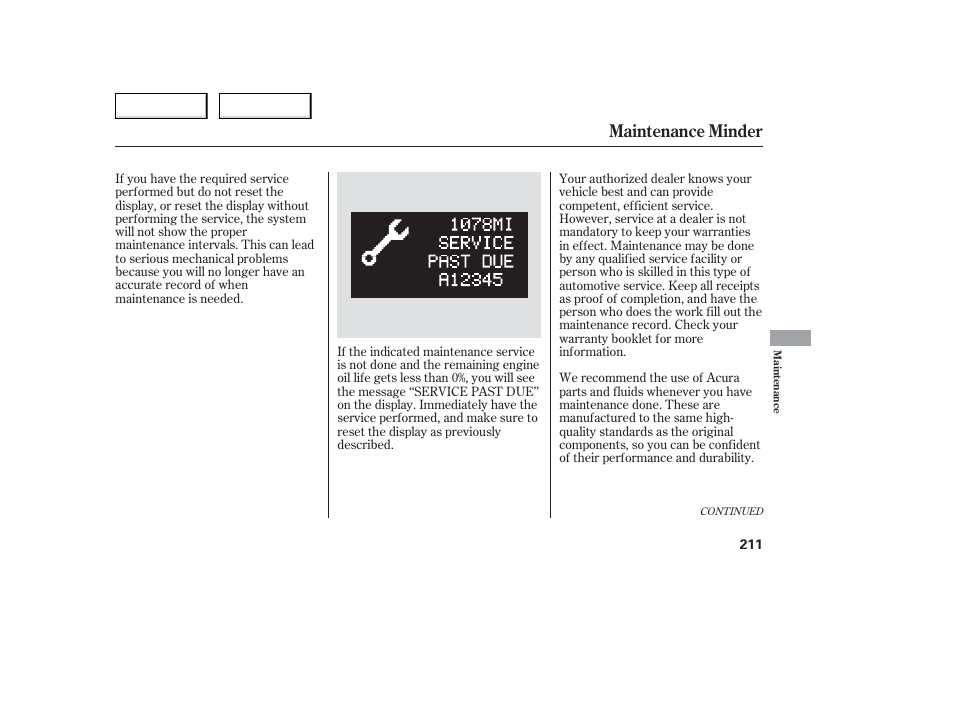 Maintenance minder | Acura 2006 TL - Owner's Manual User Manual | Page 212 / 295