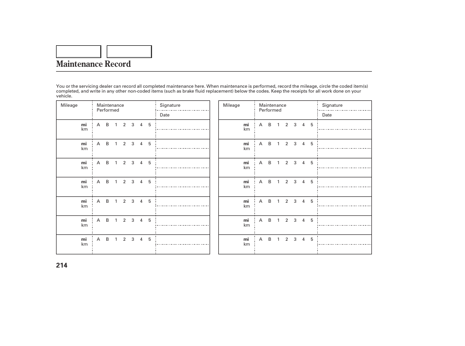Maintenance record | Acura 2006 TL - Owner's Manual User Manual | Page 215 / 295