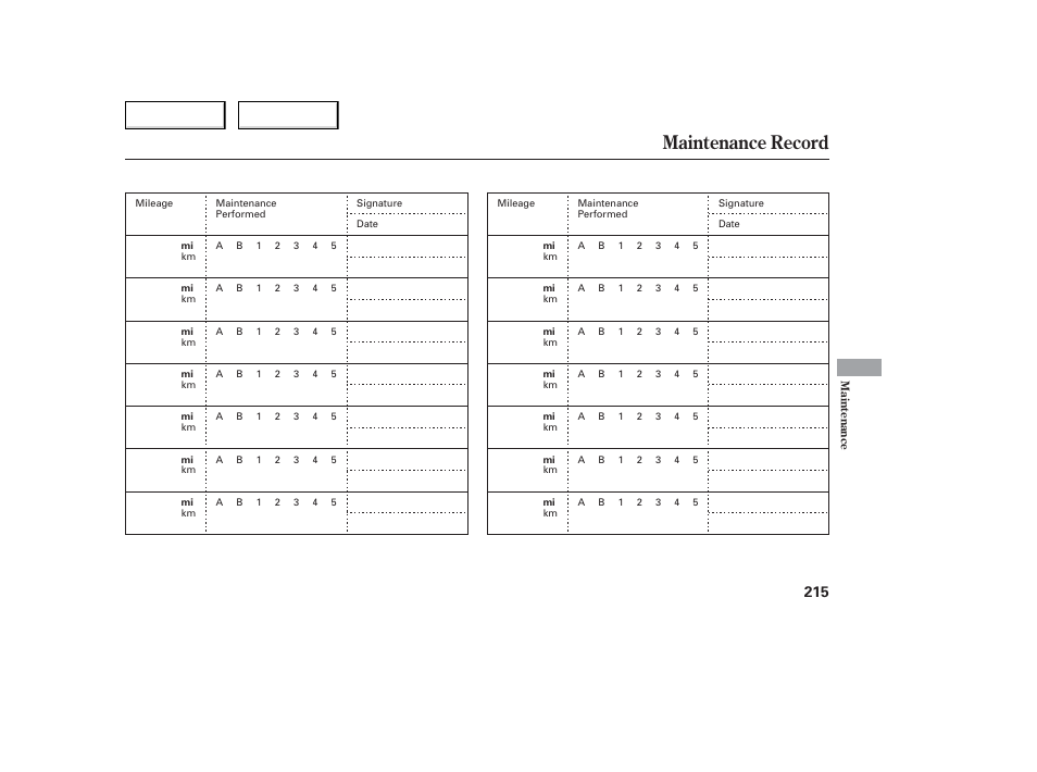 Maintenance record | Acura 2006 TL - Owner's Manual User Manual | Page 216 / 295