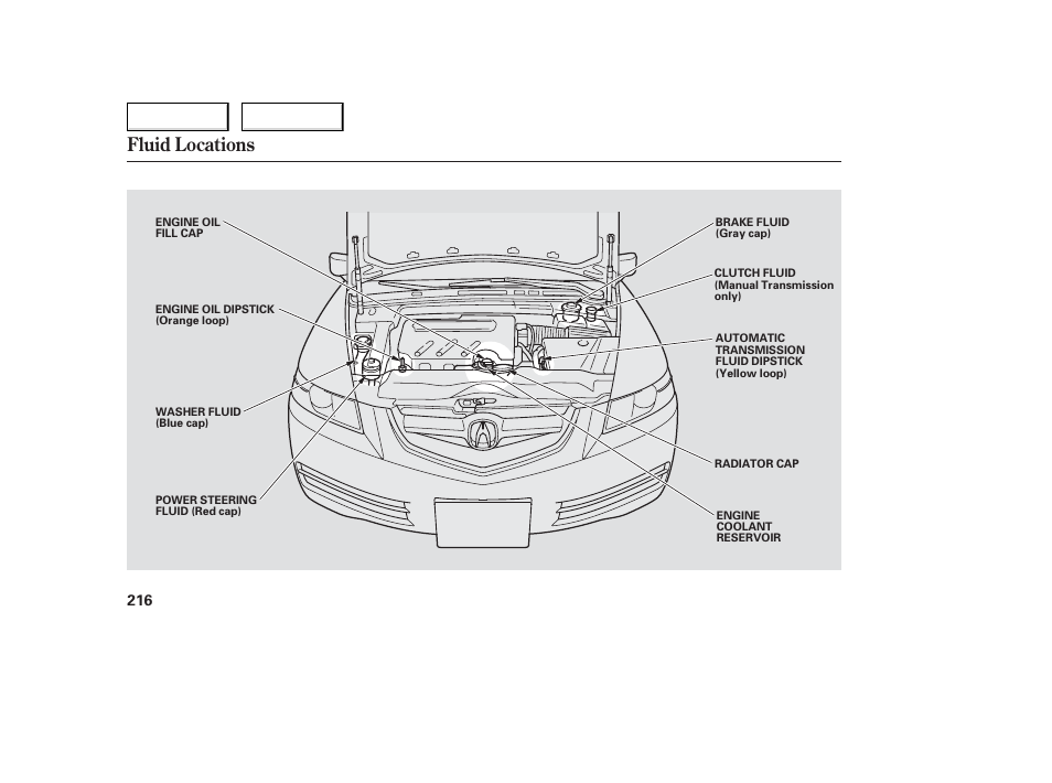 Fluid locations | Acura 2006 TL - Owner's Manual User Manual | Page 217 / 295